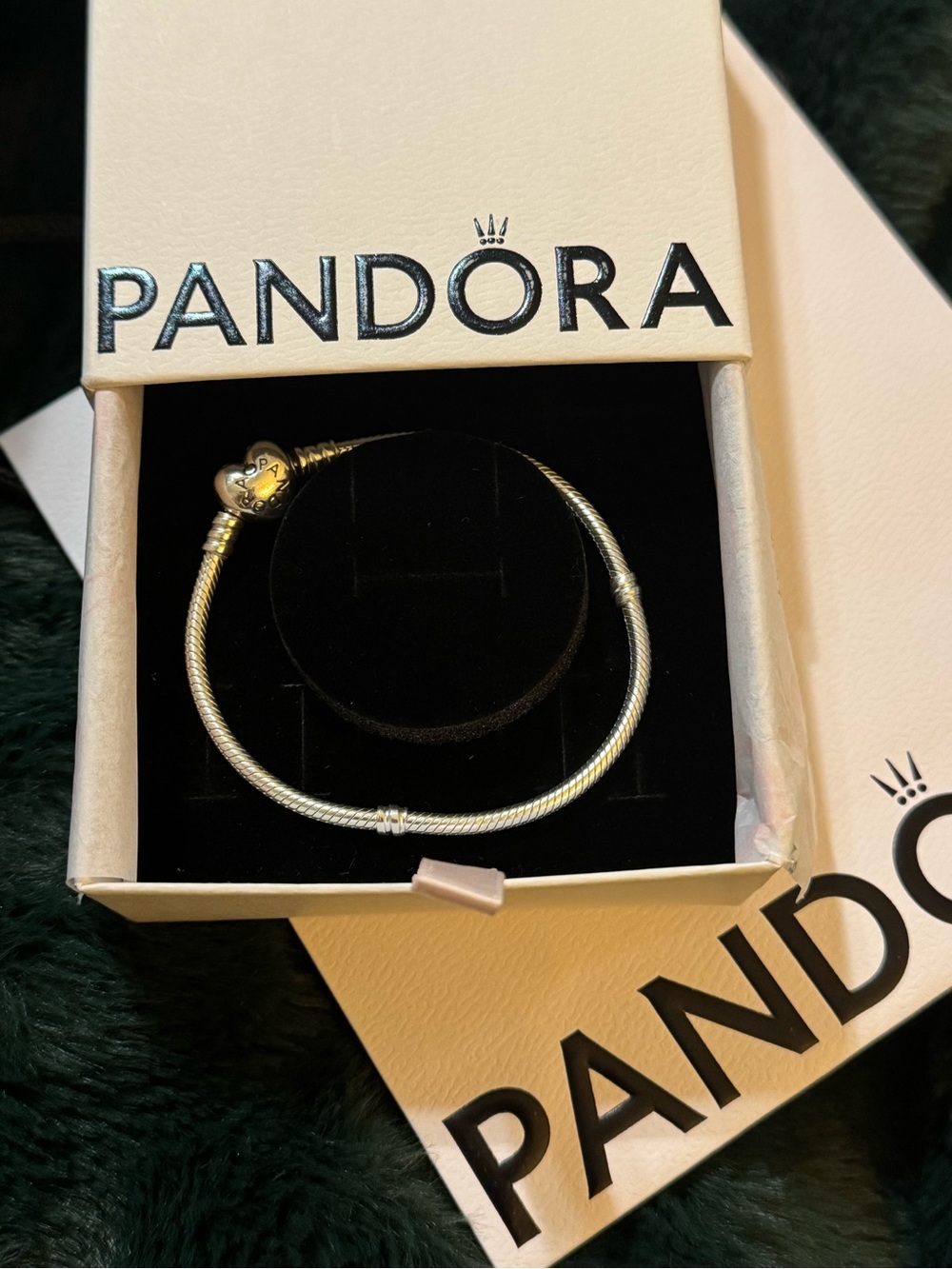 Pandora Silver Snake Chain Bracelet with Heart Clasp